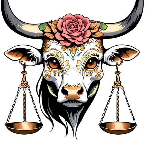 feminine bull with sugar skull markings, brown eyes and two Libra scales and dark background tattoo design idea