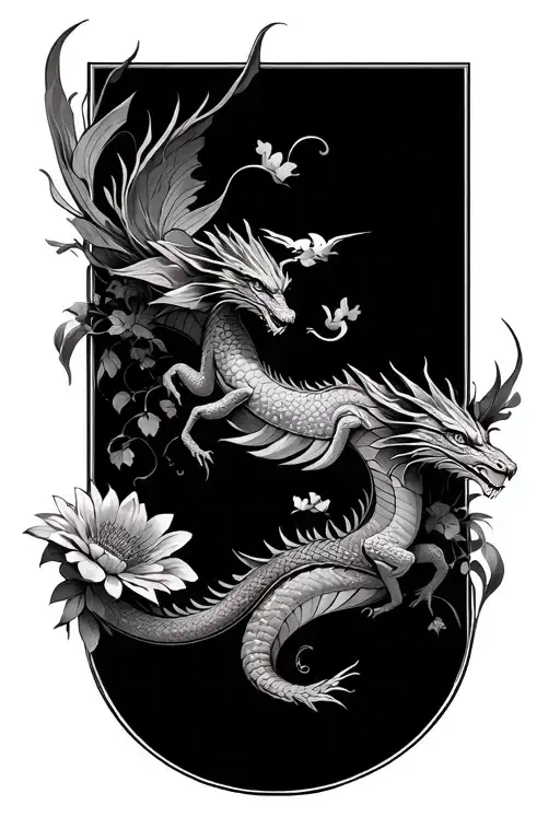flowers, a few small dragons flying, geometric filler, mandala design incorporating - forearm sleeve tattoo design idea