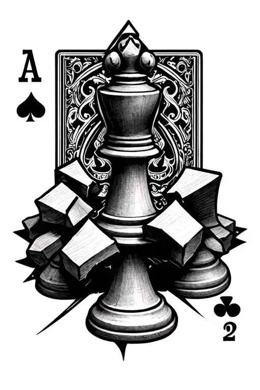 Broken chess pieces (knight, rook, king n queen) 4 playing cards ( 4 of hearts ,Ace of spades, 2 of diamonds, jack) Sm tattoo design idea