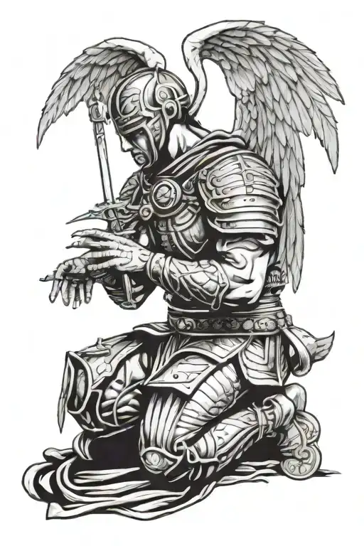 christian warrior with wings kneeling praying tattoo design idea