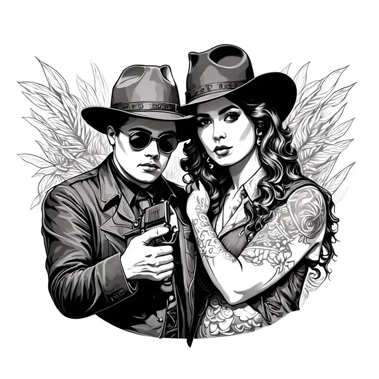 bonnie and clyde holding colt moniters with chicano style tattoo design idea