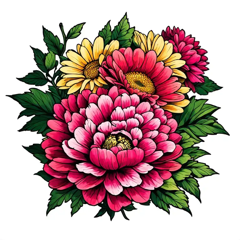 "Mary Bella" Chrysanthemum and Peony sleeve inspired tattoo design idea