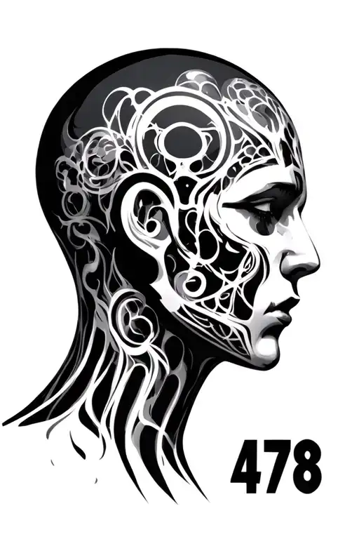 humanoid figure with the numbers 3 7 4 8 tattoo design idea