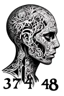 humanoid figure with the numbers 3 7 4 8 tattoo design idea