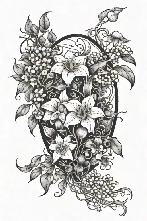 Oval shape of vines belladonna, lily of the valley, moon flowers, wolfsbane flower, mushrooms at bottom tattoo design idea