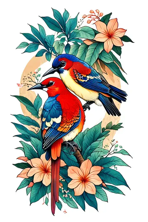 forearm sleeve Hawaiian birds and plants tattoo design idea