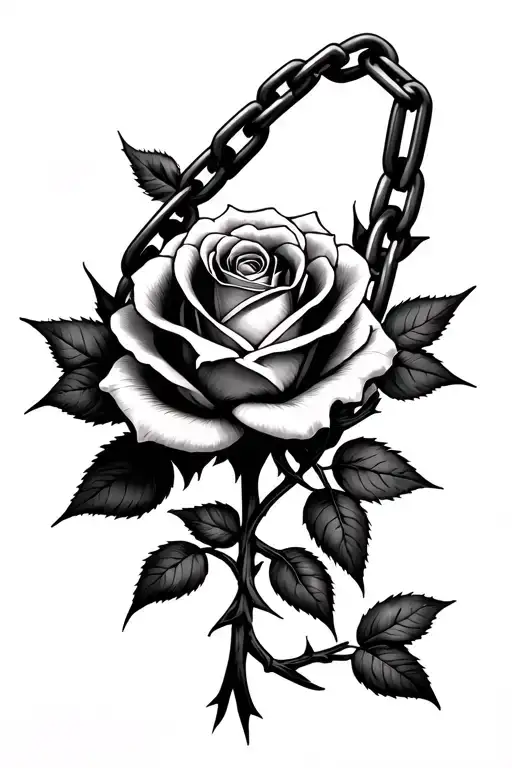 broken chain with thorns, rose intertwined representing a calm quiet woman that taught a rough felon how to love again tattoo design idea