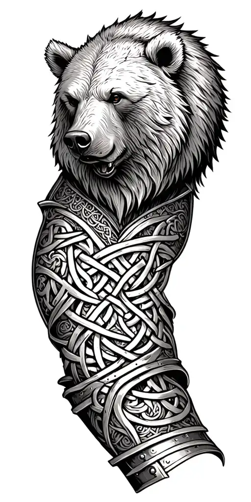 armor arm sleeve with celtic knots and bear head tattoo design idea