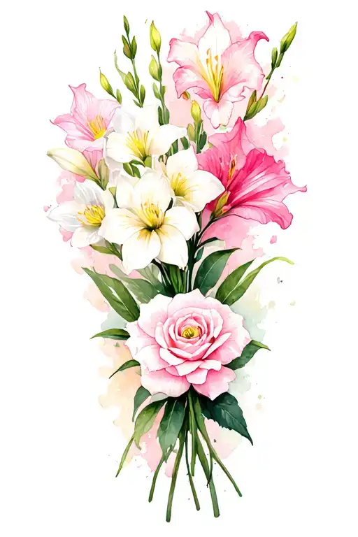 my kids' birthflowers on the side of my lower leg. pink gladiolus, white narcissus, pink chrysanthemum and ivory rose tattoo design idea
