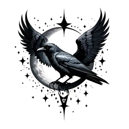 Nyx Symbol crow wings, moon and stars forming tattoo design idea