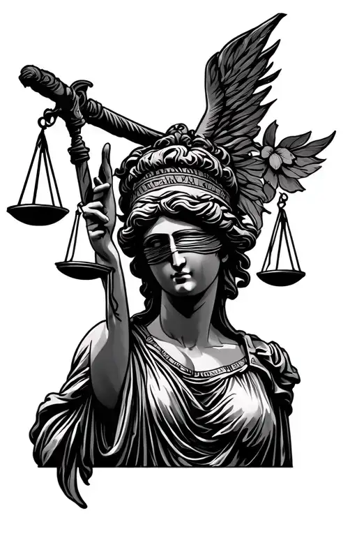 A black and grey forearm tattoo of Lady Justice in a minimalist and clean design. She should have a blindfold, a balance tattoo design idea