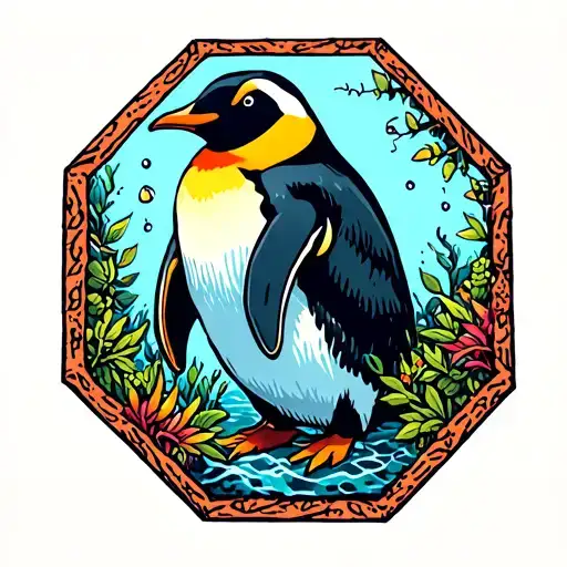 octagonal tattoo showing penguin surrounded by antarctic plants and vines in a colourful neotraditionalist style tattoo design idea