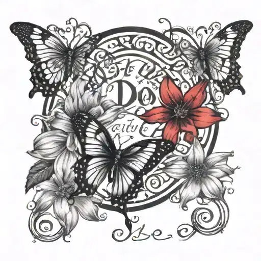 Back tattoo of word saying “let all that you do be with love” 3 black butterflies around with red lily’s, sunflowers tattoo design idea