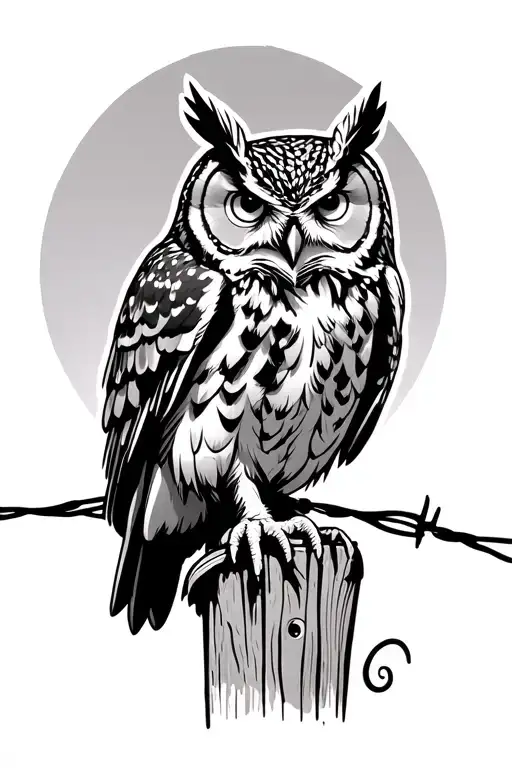 great horned owl perched on a wooden fence post that has barb wire  tattoo design idea