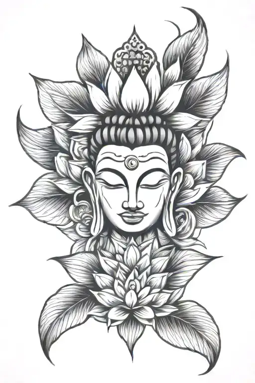 Māori tribal with Buddha and lotus flower blooming tattoo design idea