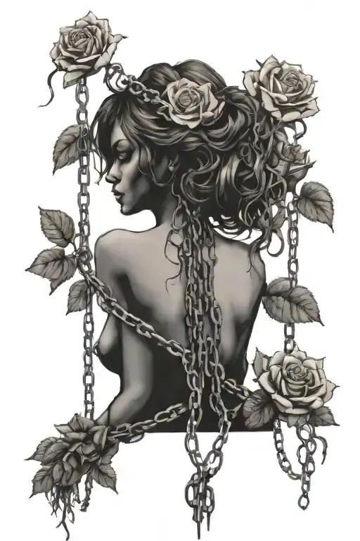 Silhouette of a girl naked anatomically correct breasts, roots growing out of chains, roses tattoo design idea