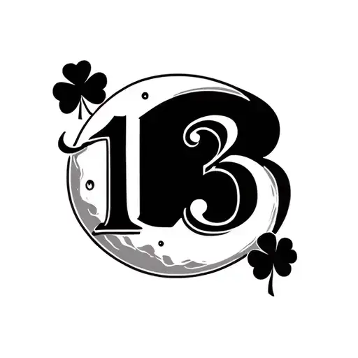 the number 13, with a moon and a five leaf clover as background aspects, and a simple yet unique design tattoo design idea
