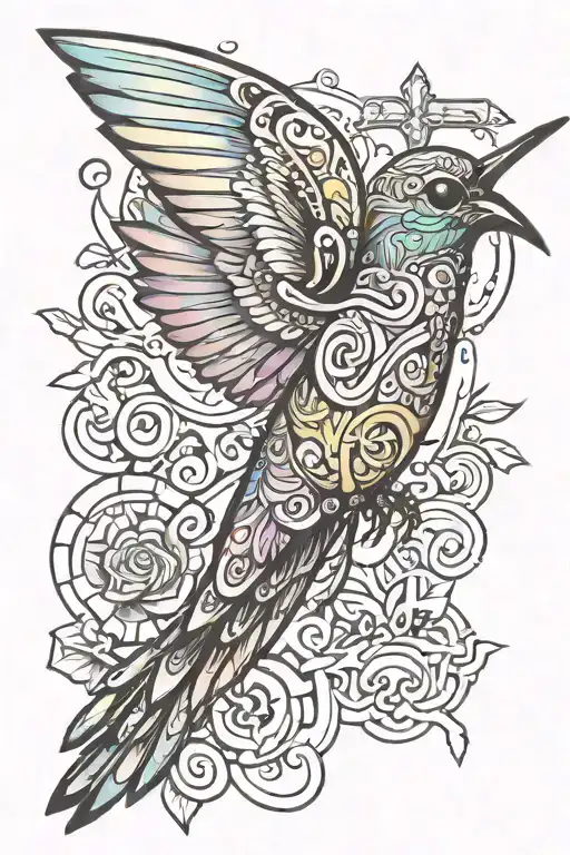 Aztec Hummingbird flying away holding cross surrounded tattoo design idea