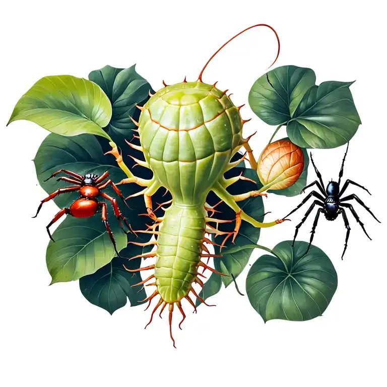 A tattoo design featuring a Venus flytrap and a black widow spider intertwined, set against a backdrop of a dark and mysterious rainforest tattoo design idea