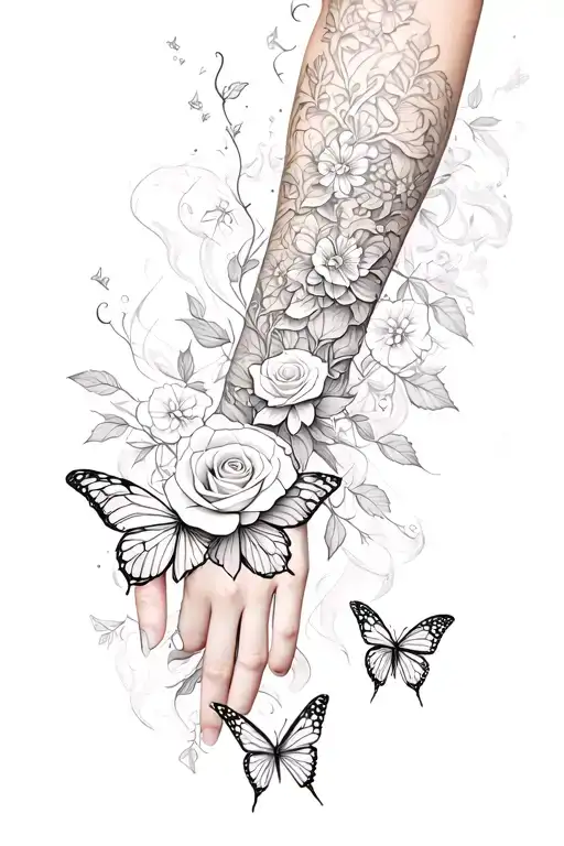 a sleeve tattoo with small butterflies and roses  and everything surrounded by smoke tattoo design idea