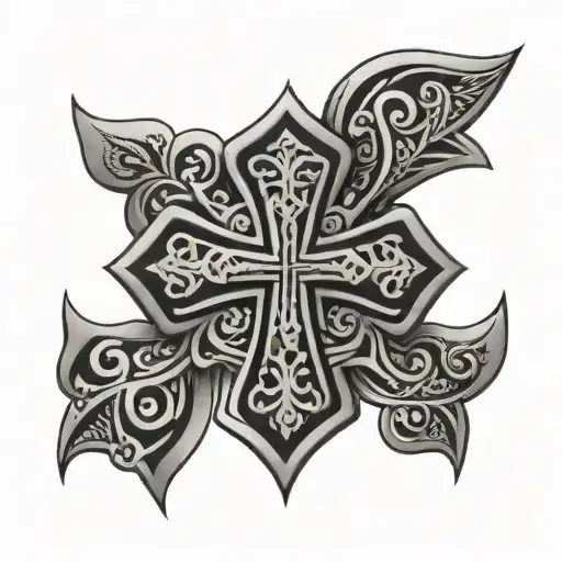 Small black tattoo on the forearm closer to the wrist in the Maori style and the Orthodox cross and in the Thai style tattoo design idea