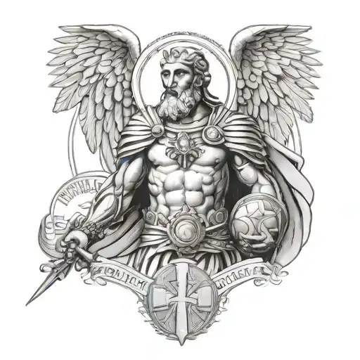 WARRIOR ARCHANGEL WITH A MEDAL OF SAINT BENEDICT IN THE BACKGROUND AND A GREEK BASILICA tattoo design idea