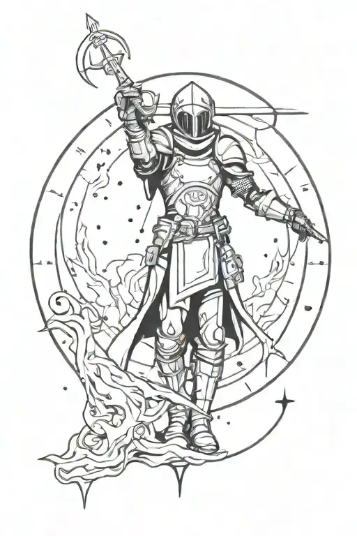 blood knight, sword in hand holding, moon phases tattoo design idea