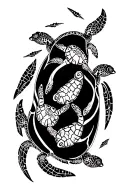 polynesian whaea surrounded by baby turtles swimming together tattoo design idea