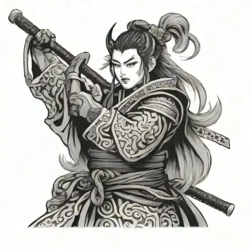 Onna-musha in black and grey with gentle happy face and light hair tattoo design idea