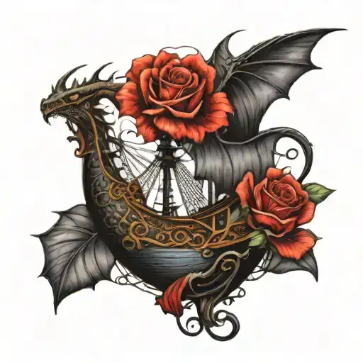 black pearl ship dragon flying red rose tattoo design idea