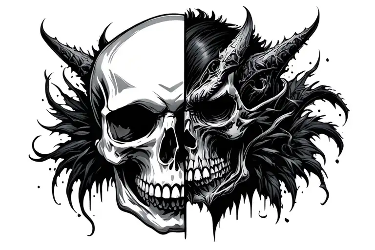 skull half good half evil with black shade tattoo design idea