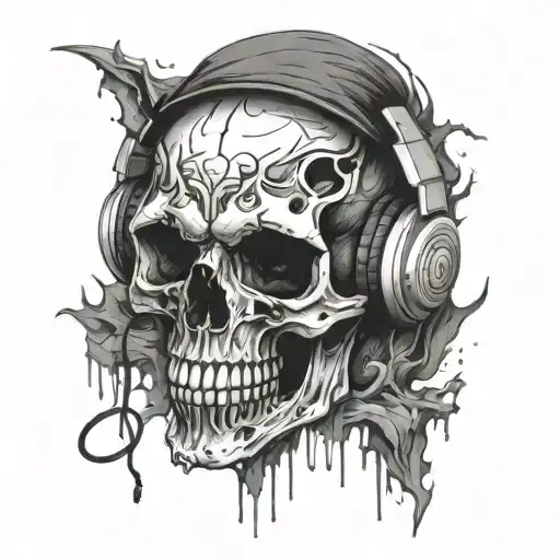 cool black and white drawing of a skull with headphones on top. The skull has an open mouth with teeth and a crack tattoo design idea