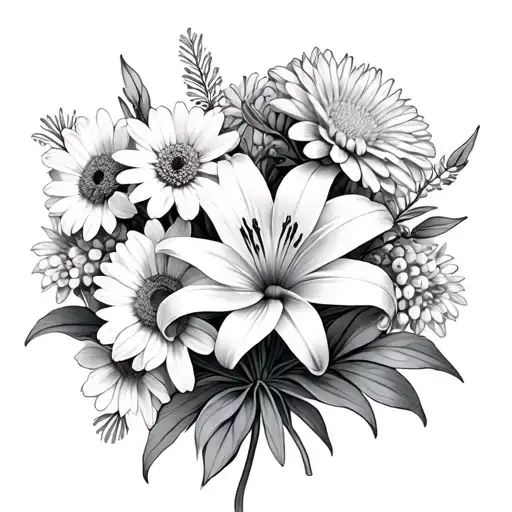 bouquet assortment of aster, lily and chrysanthemum flower  tattoo design idea