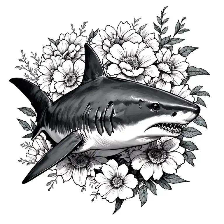 shark surrounded by flowers tattoo design idea