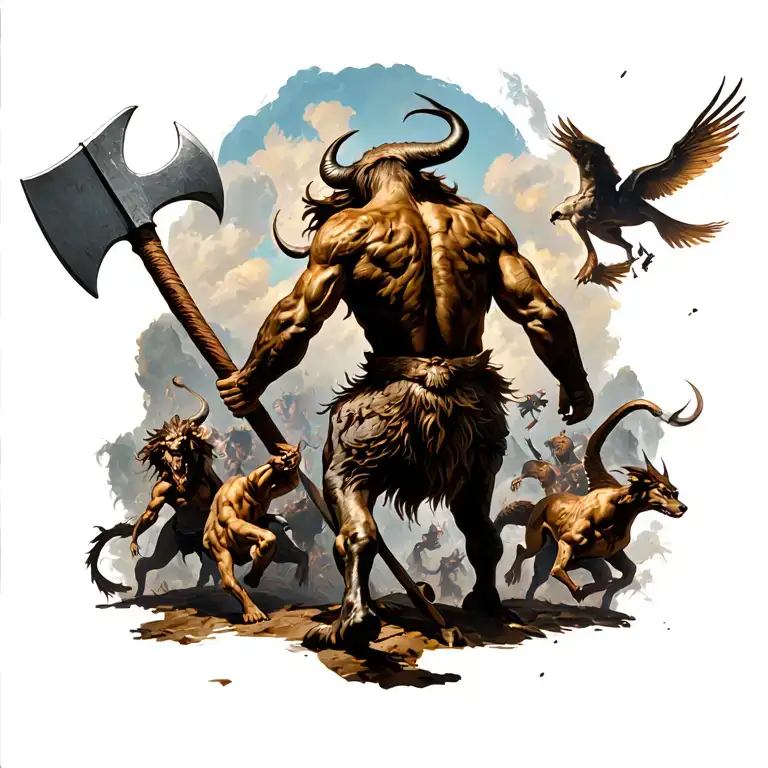 Backside of Minotaur, with a huge axe, flying walkyries on pagasus, harpies, Hydra and cerberus battle on ground tattoo design idea