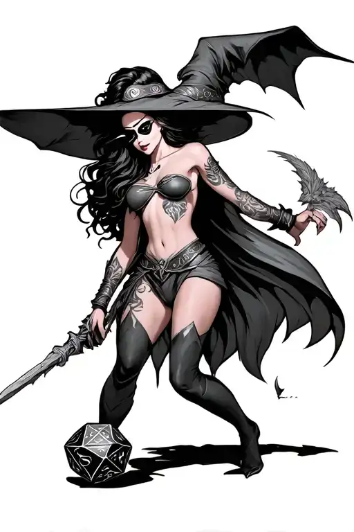 dnd sexy female sorceress with an eye patch rolling a d20 tattoo design idea