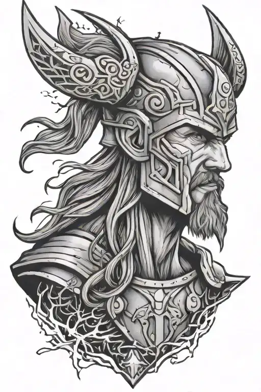 Mythology Thor face with lightning and hammer tattoo design idea