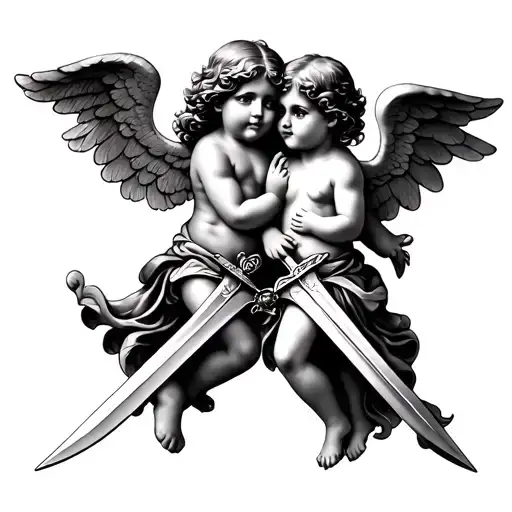 sister and brother cherub with swords crossed tattoo design idea