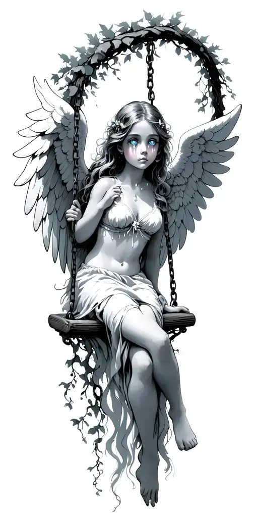 An angel girl with long white wings, on a swing made of vines. Tears roll down from her blue eyes. tattoo design idea