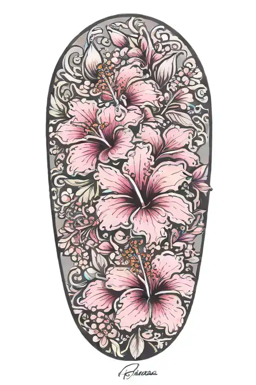 wrist to elbow sleeve with hibiscus flowers and lots of cherry blossoms tattoo design idea