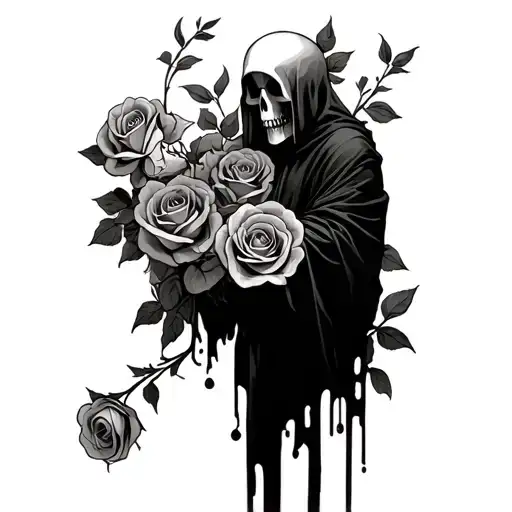 Full Body Reaper with wilting roses intertwined tattoo design idea