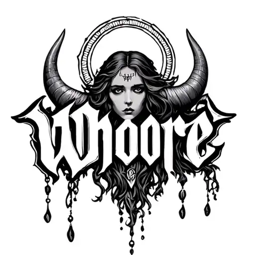 the word Whore with a halo hanging off the w, and horns on the e tattoo design idea