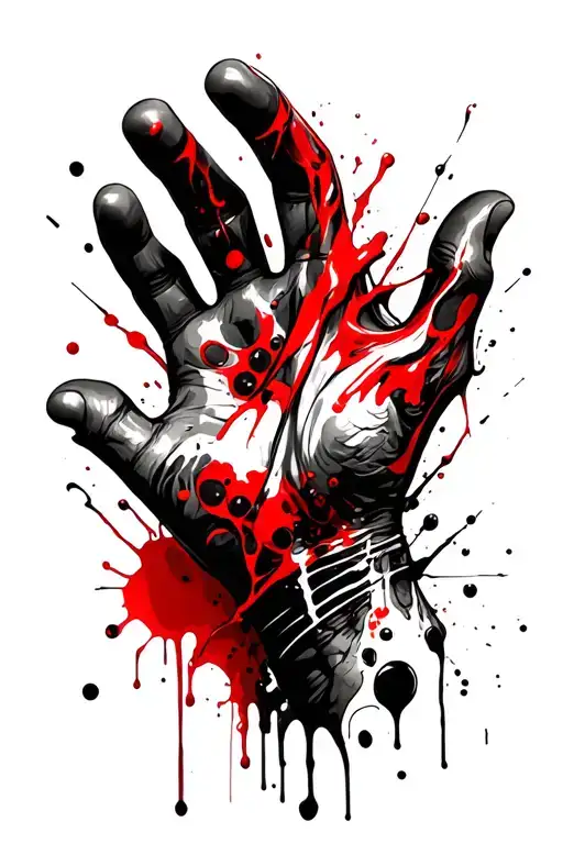 A realistic tattoo in the black and red color scheme, wrapping his hand from the wrist to the elbow. The central element is dem tattoo design idea
