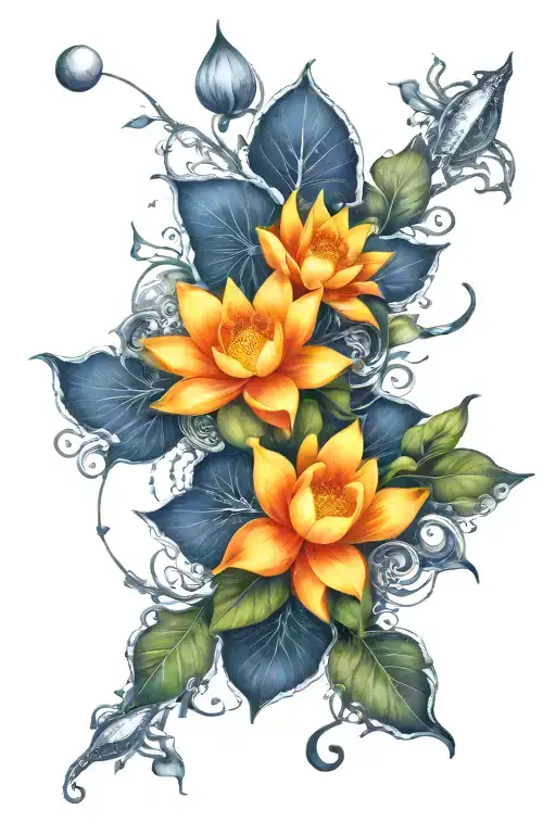 lotus flower, crab, moon phases integrated tattoo design idea