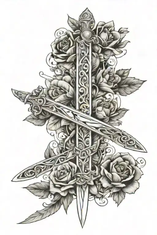 sword with florals wrapped around it with the words ataraxia along the blade tattoo design idea