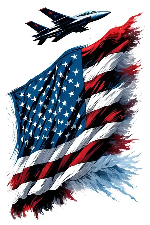 american flag, black and blue. with fighter jets flying over, for a fore arm sleeve tattoo design idea