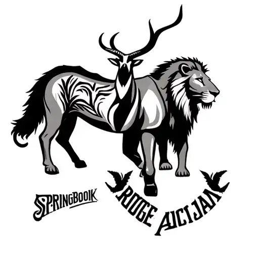 Ultimate african tattoo incorporating the rugby springbok logo, a flat top acacia, bobojaan, lion and matabele warriors  tattoo design idea