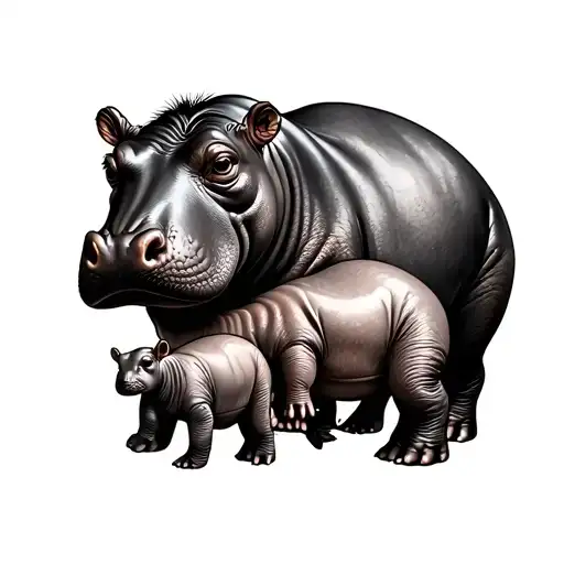 mother and baby hippo tattoo design idea