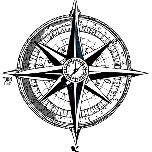 "Turn Time into Meaning" compass rose with clock and 4 footprints in the center. tattoo design idea