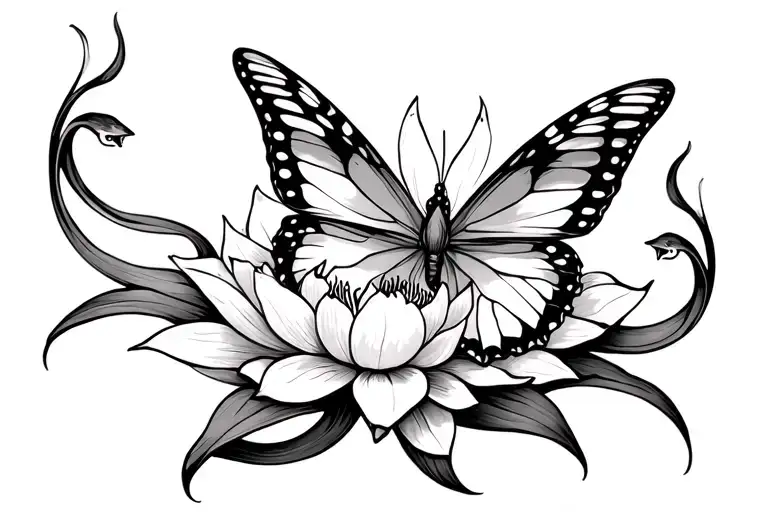 tribal morpho butterfly with long wings flying above lotus flower with 2 horizontal curved snakes on left and right tattoo design idea